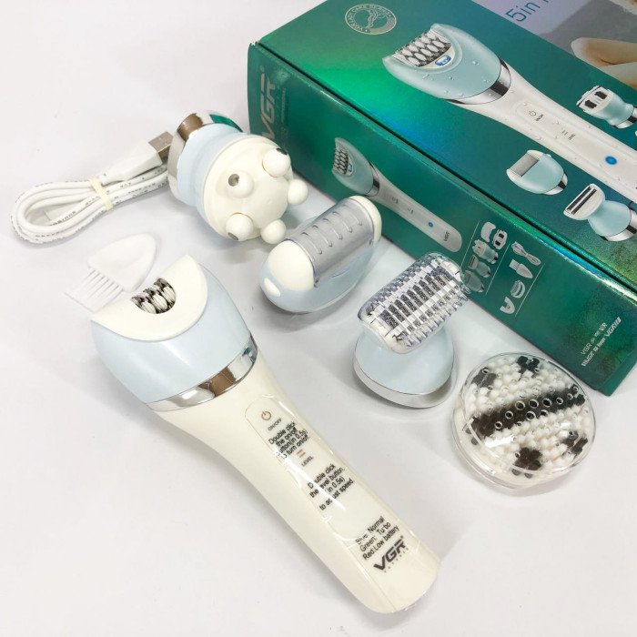 Епілятор жіночий з триммером VGR V-703 5в1 для видалення волосся на тілі акумуляторна пемза масажна насадка