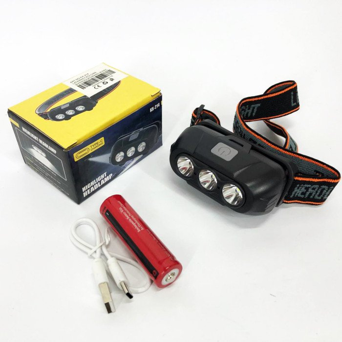 Ліхтар налобний акумуляторний KX-214-3LED, потужний світлодіодний ліхтарик на голову водонепроникний