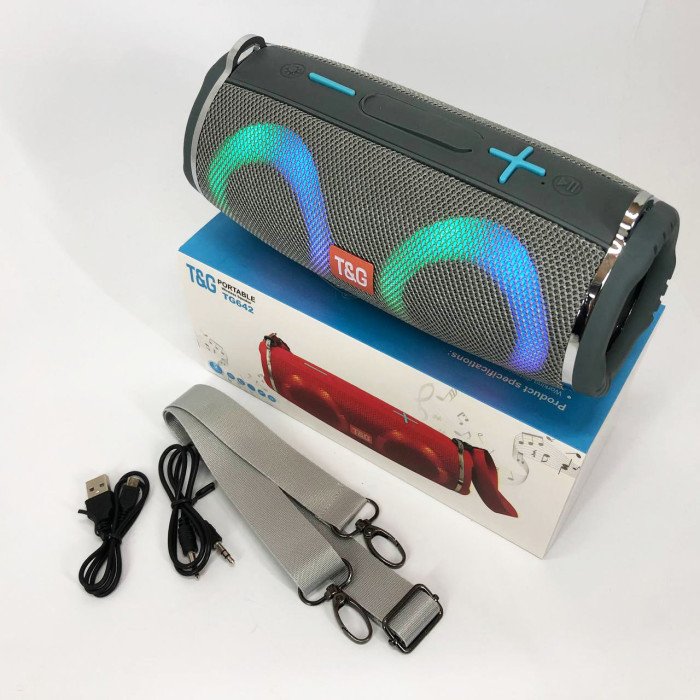 Портативна колонка TG642 з RGB підсвічуванням та ремінцем, портативна колонка з Bluetooth. Колір: сірий