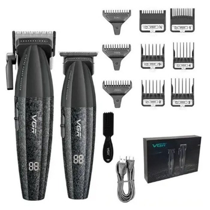 Професійний набір для стрижки волосся VGR V-640 акумуляторний Barber Combo PREMIUM. Колір: чорний