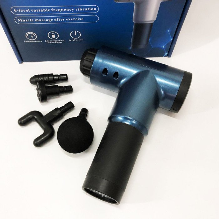 Акумуляторний масажер Fascial Gun KH-320 портативний ручний ударний м'язовий пістолет 4 насадки синій