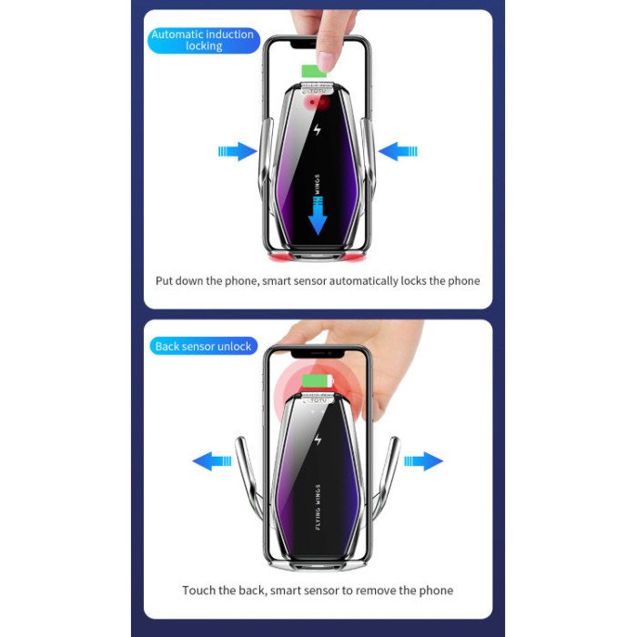 Автомобільний тримач S7 для телефону з бездротовим швидким заряджання flying wings. Колір: срібний