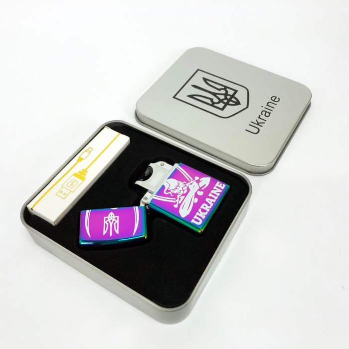 Дугова електроімпульсна запальничка USB Україна (металева коробка) HL-449. Колір: хамелеон
