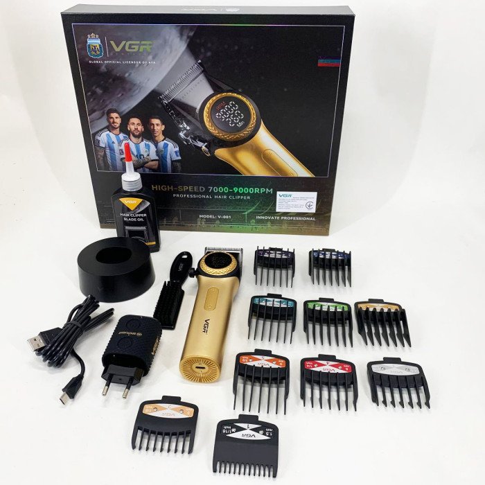 Професійна машинка для стрижки волосся VGR V-001 з дисплеєм 9000 об/хв та 10 насадками. Колір: золотий