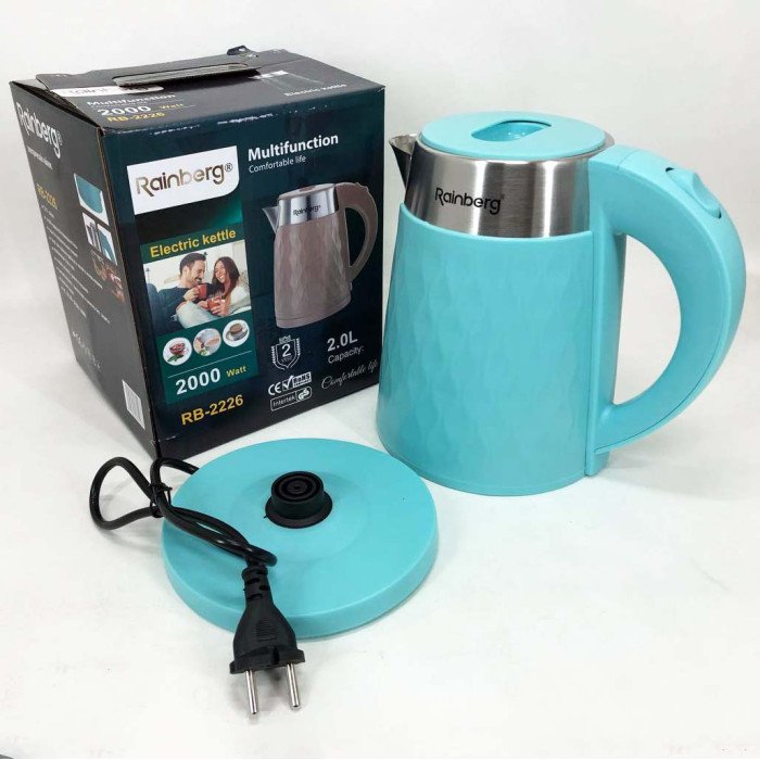 Чайник електричний Rainberg RB-2226BR із нержавіючої сталі 2000Вт 2л, безшумний чайник. Колір: блакитний
