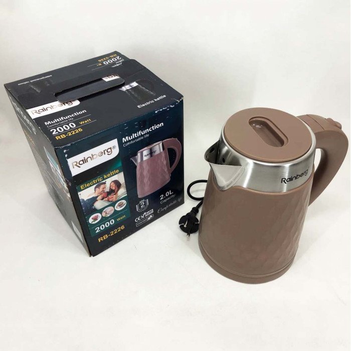 Чайник електричний Rainberg RB-2226BR із нержавіючої сталі 2000Вт 2л, маленький. Колір: коричневий