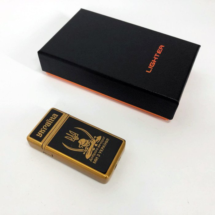 Запальничка газова Доброго вечора! Ми з України! (Подарунка, турбо полум'я) HL-393-1. Колір: золото