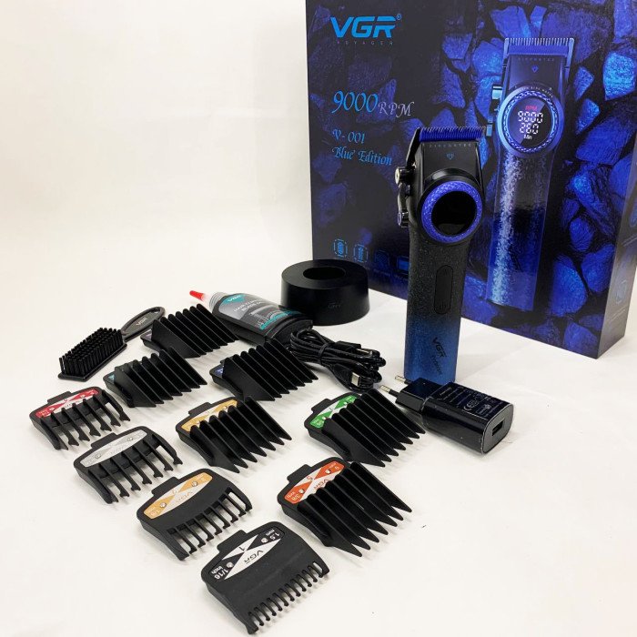 Професійна машинка для стрижки волосся VGR V-001 BLUE з дисплеєм 9000 об/хв та 10 насадками 1,5-24 мм
