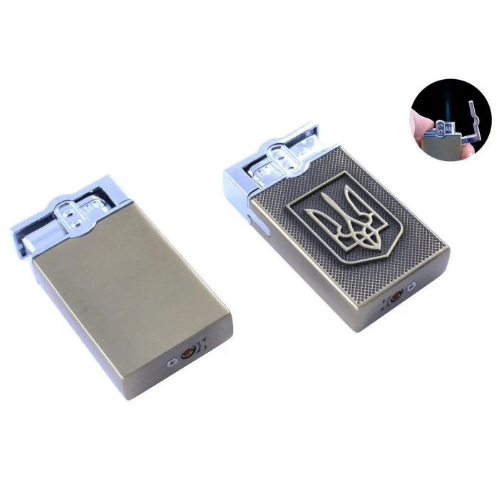 Турбо-Запальничка кишенькова Герб України 26451, подарункові запальнички для чоловіків. Колір: бронза