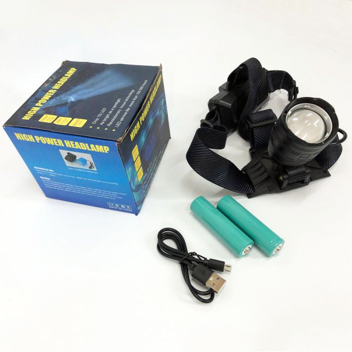 Ліхтар налобний потужний Bailong BL-8075-2-GT100, 3 режими, Zoom, алюміній, акумулятор 2*18650, USB кабель