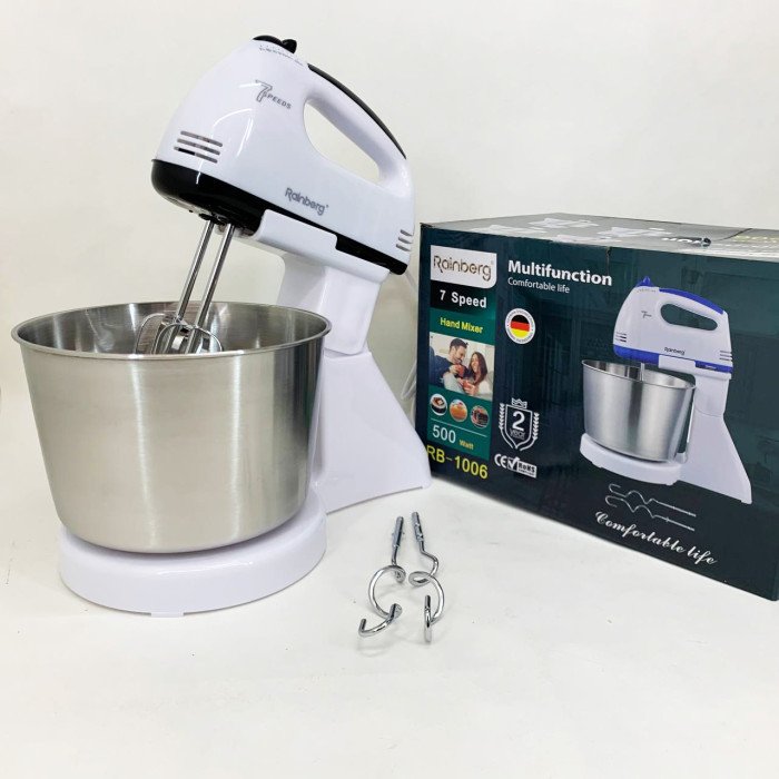 Стаціонарний електричний міксер із чашею Rainberg RB-1006 500W з насадками для замішування тіста Black