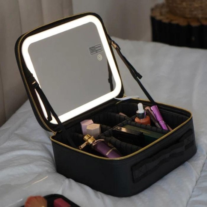 Портативна косметичка органайзер дорожній бьюті кейс з ручкою для перенесення дзеркалом та світлодіодним LED-підсвічуванням