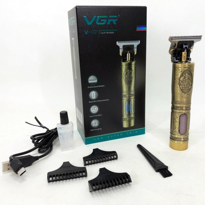Тример для волосся і бороди VGR V-091 LED 3 насадки, Підстригальна машинка, Машинка окантувальна
