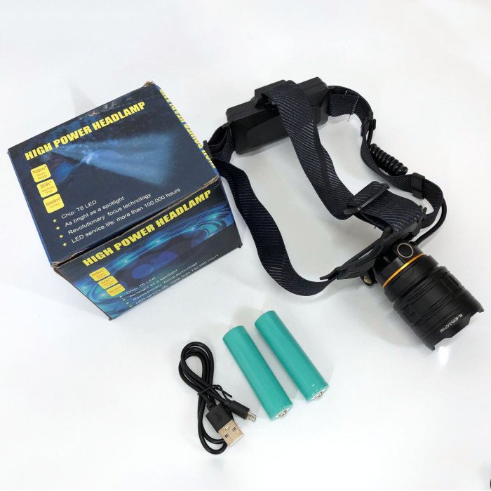 Ліхтар налобний потужний Bailong BL-8075-2-GT100, 3 режими, Zoom, алюміній, акумулятор 2*18650, USB кабель