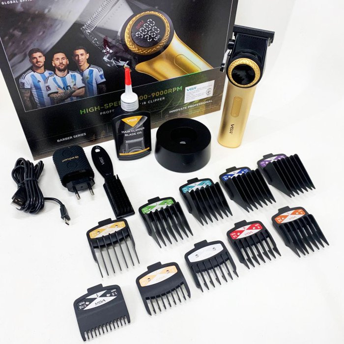 Професійна машинка для стрижки волосся VGR V-001 з дисплеєм 9000 об/хв та 10 насадками. Колір: золотий