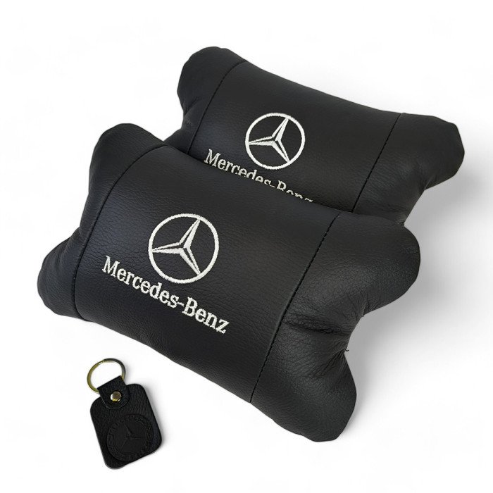 Набір Мерседес 2шт, натуральна шкіра, подушки на підголівник для авто з логотипом Mercedes-Benz