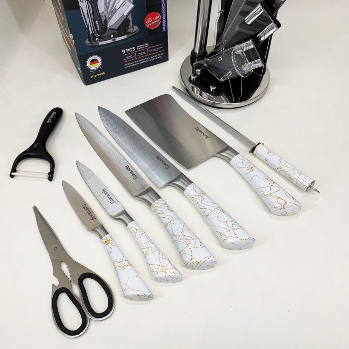 Набір кухонних ножів Rainberg RB-2499 8 предметів на підставці, що обертається White