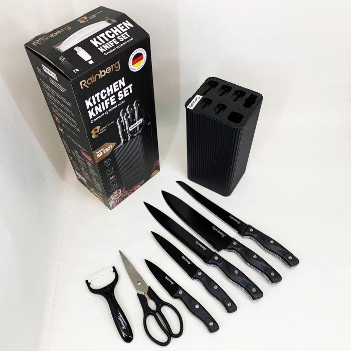 Набір ножів із нержавіючої сталі з основою Rainberg RB-2327 Black