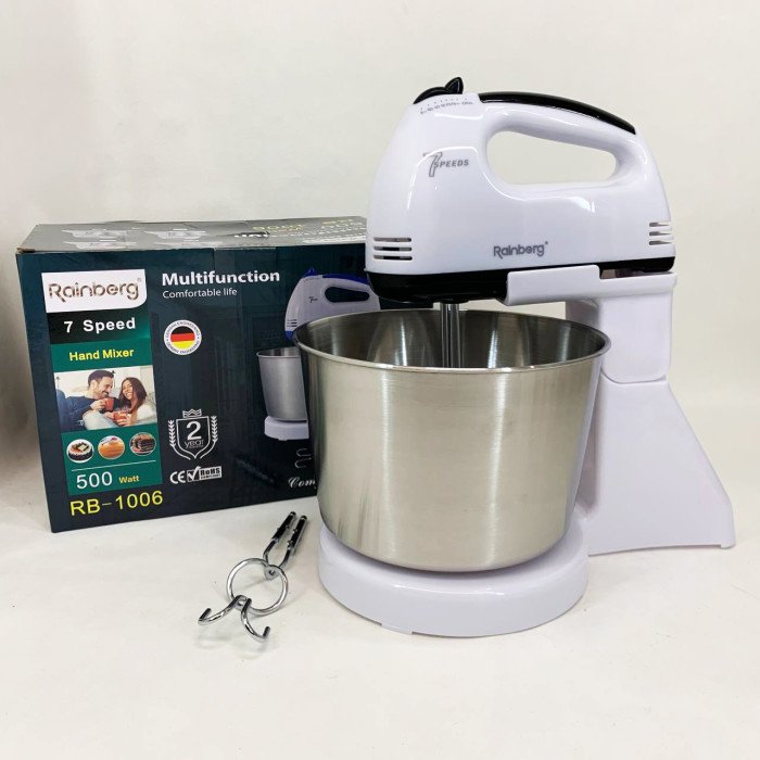 Стаціонарний електричний міксер із чашею Rainberg RB-1006 500W з насадками для замішування тіста Black
