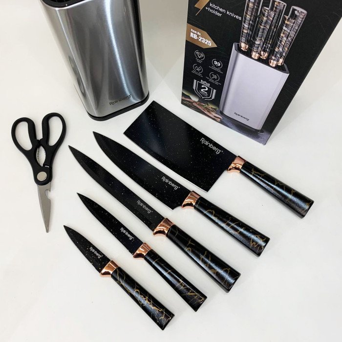 Набір ножів з нержавіючої сталі з підставою Rainberg RB-2325 Black