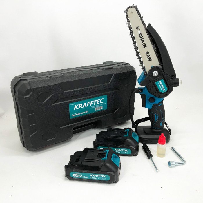 Акумуляторна ланцюгова міні пила 15 см у кейсі Krafftec (36V 4 Ач) + 2 акумулятори та індикатором заряду