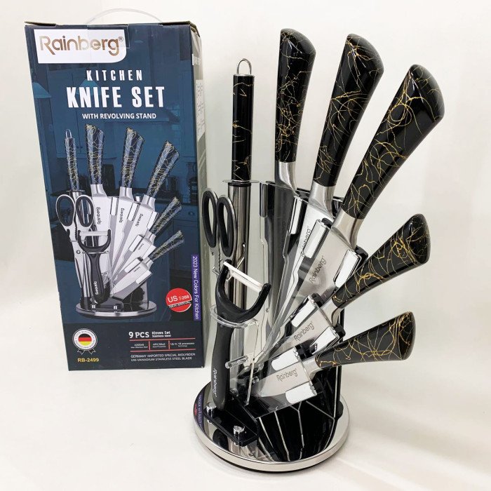 Набір кухонних ножів Rainberg RB-2499 8 предметів на підставці, що обертається Black