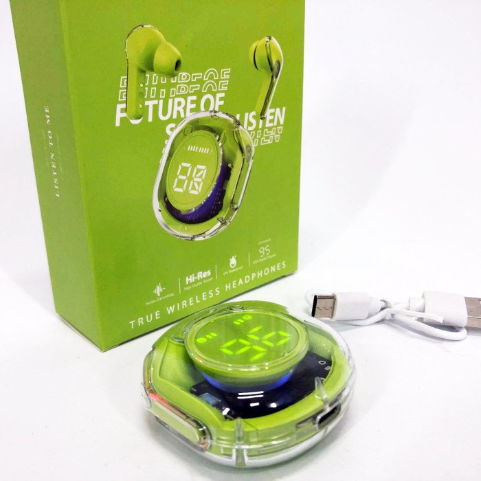 Бездротові навушники TWS T8 PRO з прозорим кейсом Вакуумний LED дисплей Bluetooth 5.3. Колір: зелений