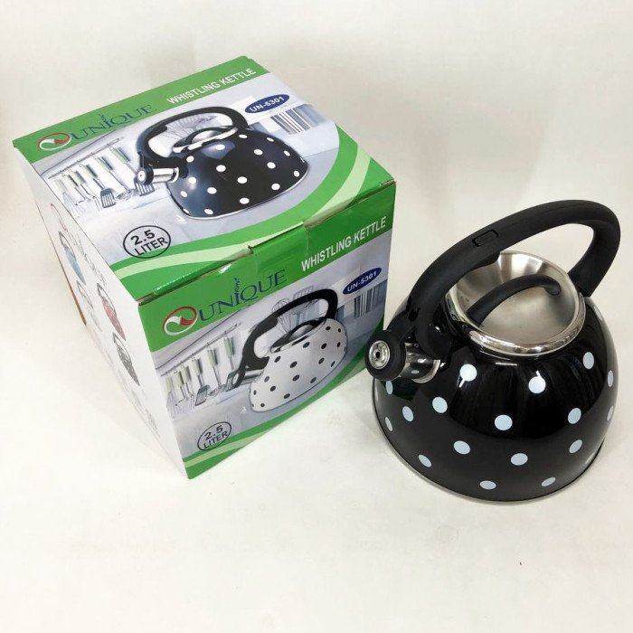 Чайник із свистком для газової плити Unique UN-5301 2,5л горошок, гарний чайник. Колір: чорний
