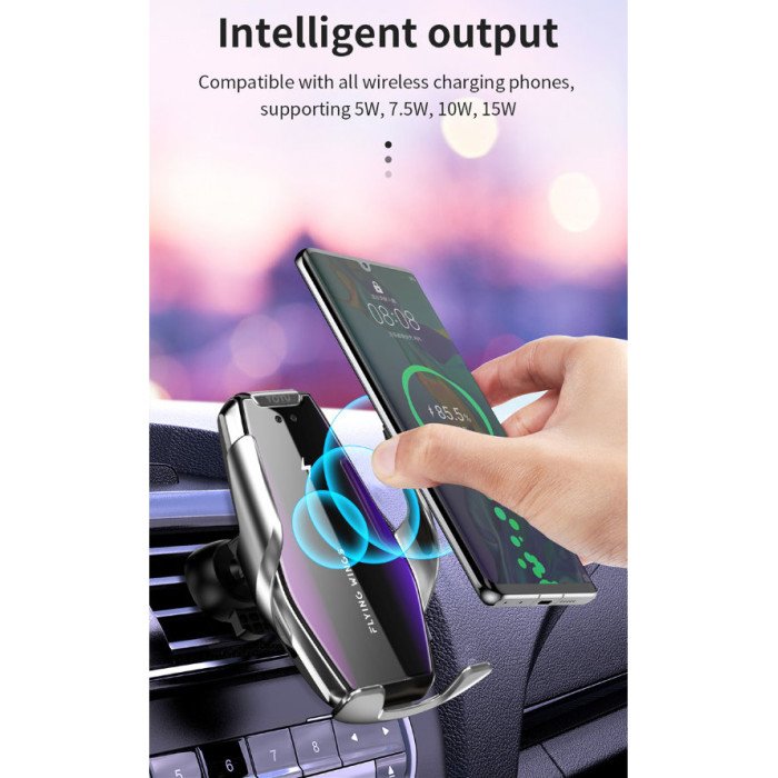 Автомобільний тримач S7 для телефону з бездротовим швидким заряджання flying wings. Колір: срібний