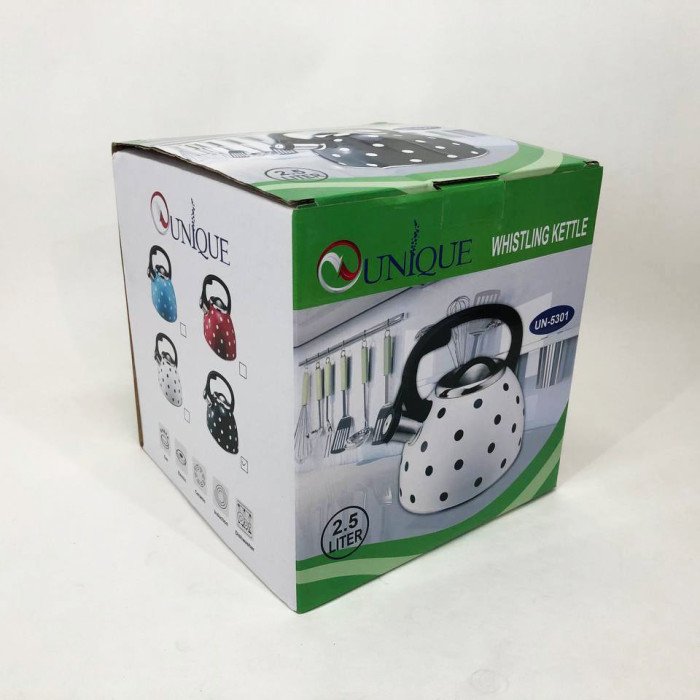 Чайник із свистком для газової плити Unique UN-5301 2,5л горошок, гарний чайник. Колір: чорний