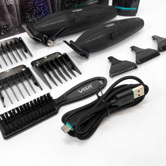 Професійний набір для стрижки волосся VGR V-640 акумуляторний Barber Combo PREMIUM. Колір: чорний