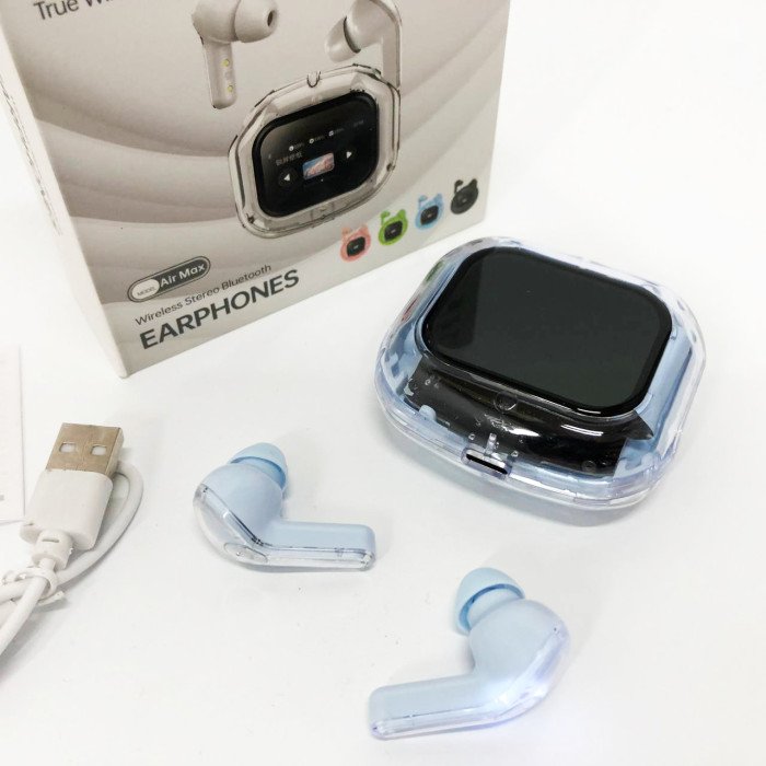 Бездротові вакуумні навушники TWS з дисплеєм LED, вологозахист IPx4 Bluetooth 5.4 з кейсом. Колір: блакитний