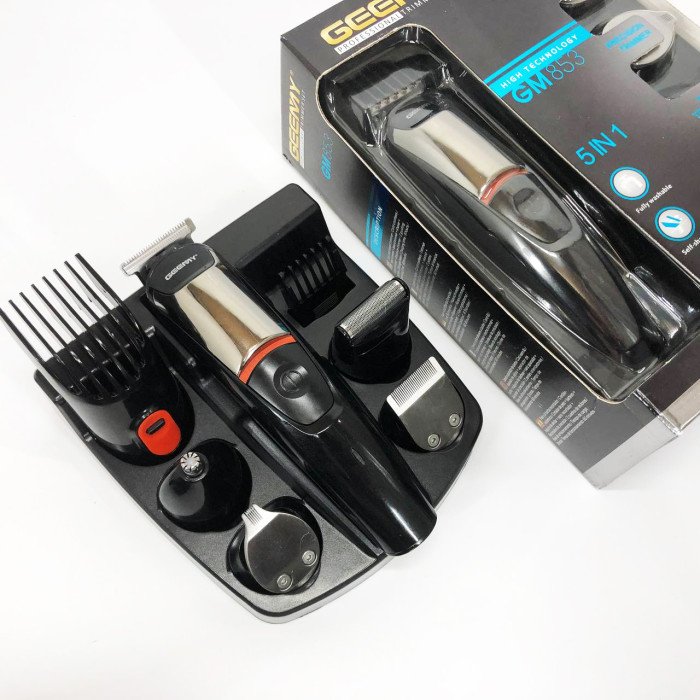Машинка для стрижки 5в1 Geemy GM-853 стайлер, бритва, триммер на акумуляторі нержавіюча сталь 6 насадок