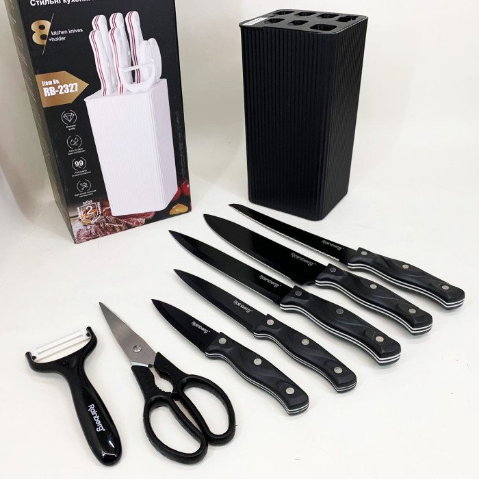 Набір ножів із нержавіючої сталі з основою Rainberg RB-2327 Black