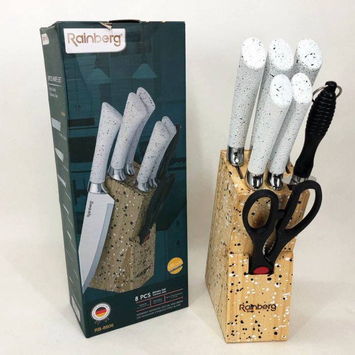 Набір ножів Rainberg RB-8806 на 8 предметів з ножицями та підставкою з нержавіючої сталі. Колір: білий