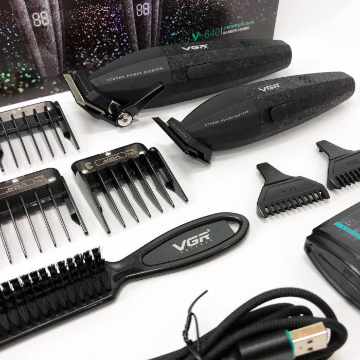 Професійний набір для стрижки волосся VGR V-640 акумуляторний Barber Combo PREMIUM. Колір: чорний