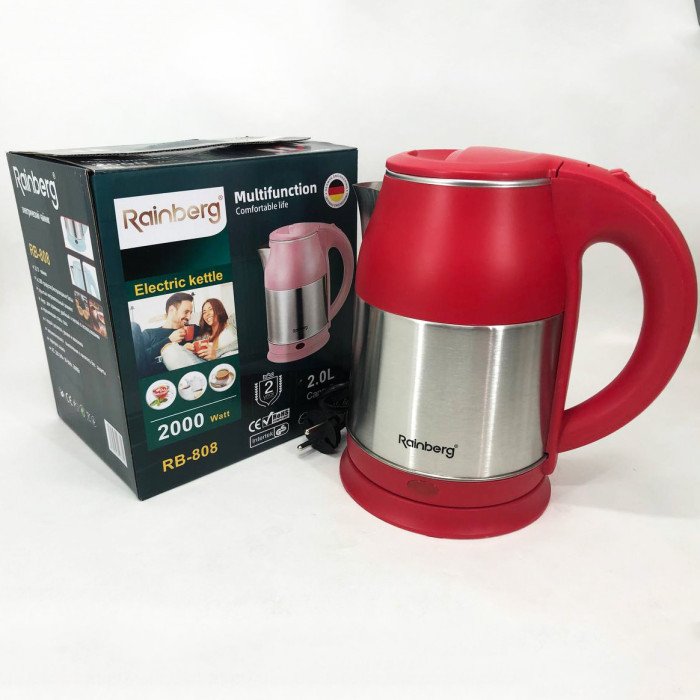 Електрочайник Rainberg RB-808 2 л нержавіюча сталь, стильний електричний чайник. Колір: червоний