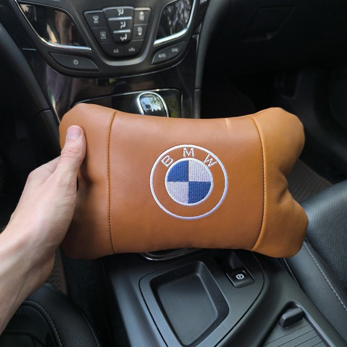 Комплект автоподушок 2шт з натуральної коричневої шкіри для BMW. Ортопедична подушка в авто БМВ