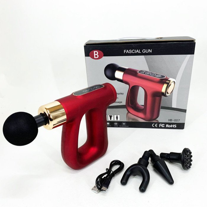 Ударний Перкусійний масажер для тіла та м'язів Масажний пістолет EM HB-007 акумуляторний червоний