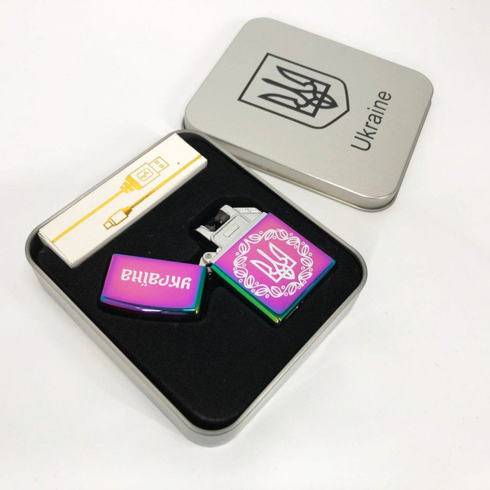 Дугова електроімпульсна запальничка USB Україна металева коробка HL-447. Колір: хамелеон