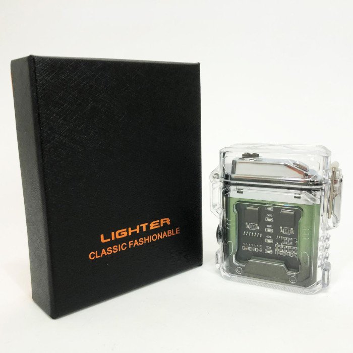 Дугова електроімпульсна запальничка із ліхтариком водонепроникна HL-517, вітрозахисна. Колір: зелений