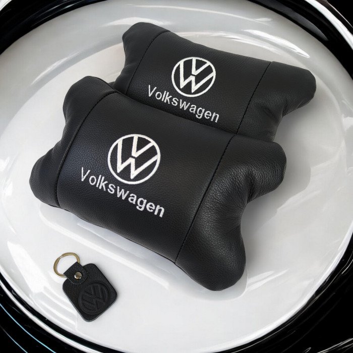 Набір подушок 2шт в авто Volkswagen з натуральної шкіри, на підголовник у машину, Автомобільна  подушка