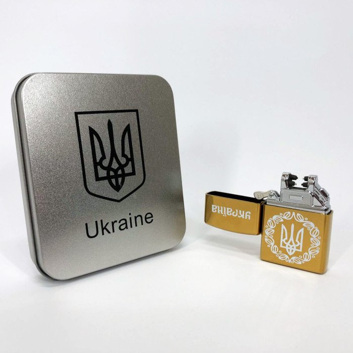 Дугова електроімпульсна USB Юсб запальничка Україна металева коробка HL-447. Колір: золотий