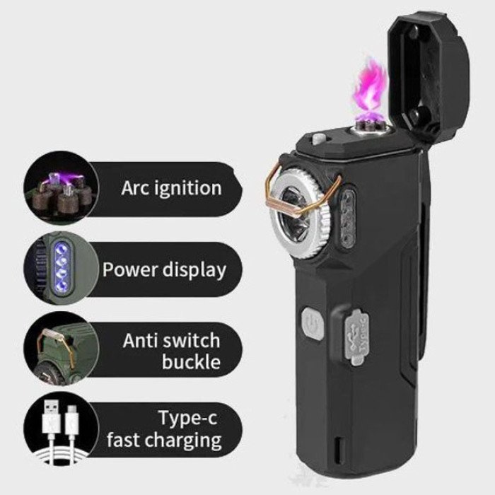 Ліхтарик-запальничка армійська MULTIFUNCTIONAL D51-COB, Запальнички подарунки для чоловіків. Колір: чорний