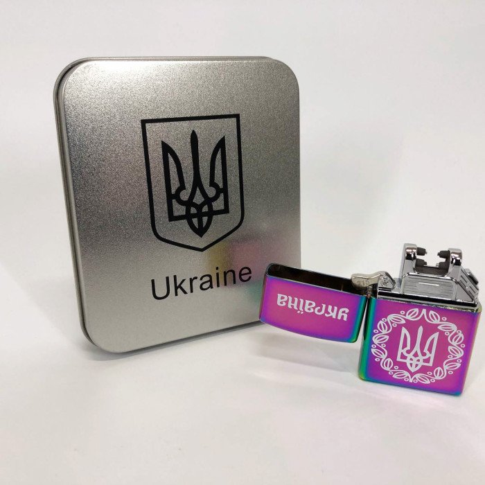 Дугова електроімпульсна запальничка USB Україна металева коробка HL-447. Колір: хамелеон