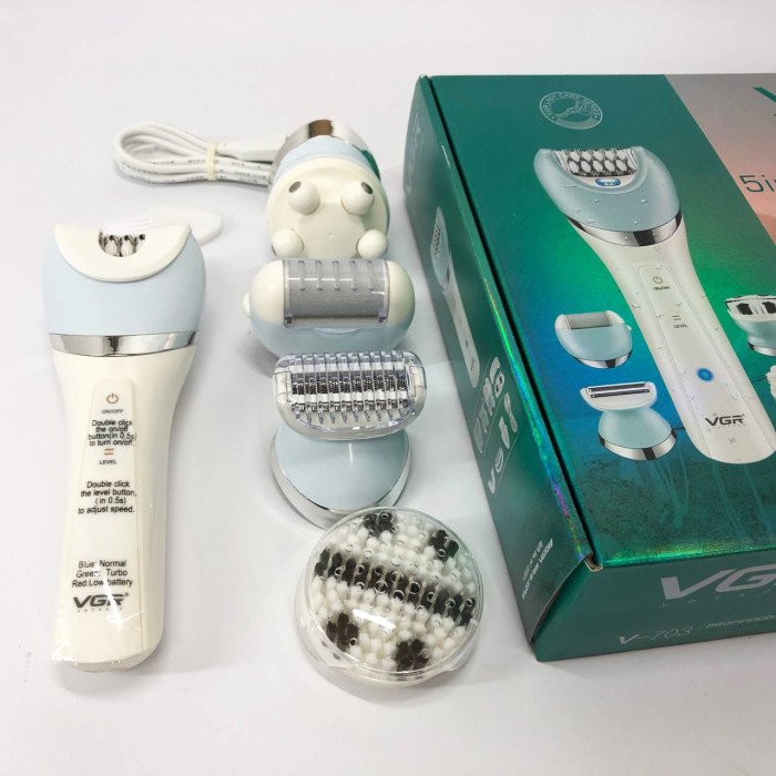 Епілятор жіночий з триммером VGR V-703 5в1 для видалення волосся на тілі акумуляторна пемза масажна насадка