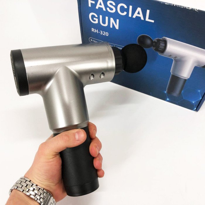 Акумуляторний масажер Fascial Gun KH-320 портативний ручний ударний м'язовий пістолет 4 насадки сірий