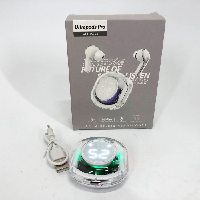 Бездротові навушники TWS T8 PRO з прозорим кейсом Вакуумний LED дисплей Bluetooth 5.3. Колір: білий