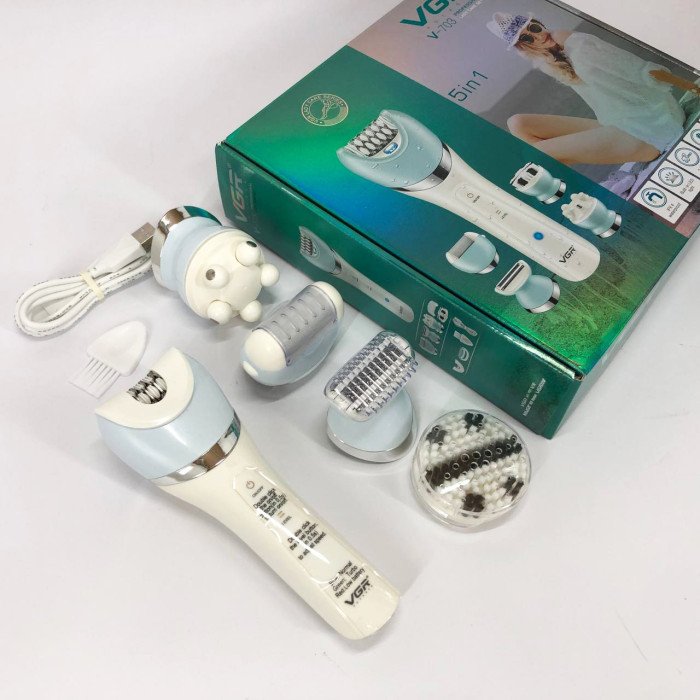 Епілятор жіночий з триммером VGR V-703 5в1 для видалення волосся на тілі акумуляторна пемза масажна насадка