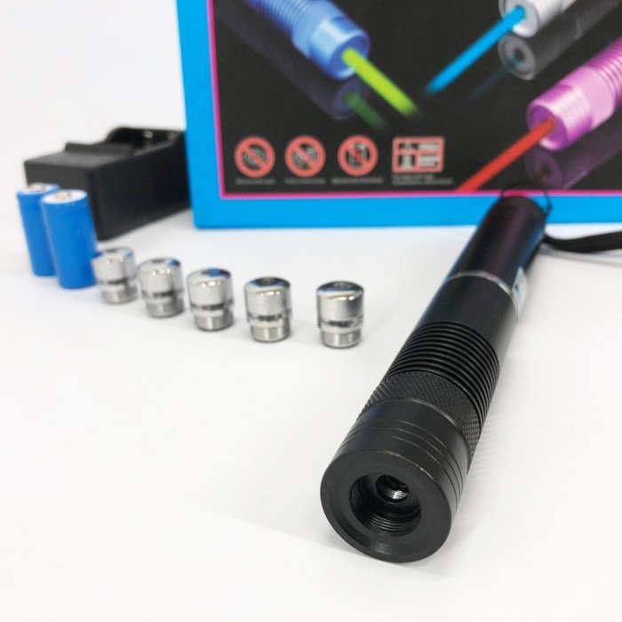 Лазерна указка синій лазер YX-B008 10000mW (5 насадок), Надпотужна лазерна указка. Колір: чорний